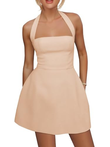 Yousify Womens Sexy Halter Mini Dress Summer Backless A Line Flared Low Neck Club Party Dresses Beige | Amazon (US)