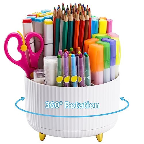 Marbrasse Desk Organizer, 360-Degree Rotating Pen Holder for Desk, Desk Organizers and Accessories with 5 Compartments Pencil Organizer, Art Supply Storage Box Caddy for Office, Home （White） | Amazon (US)