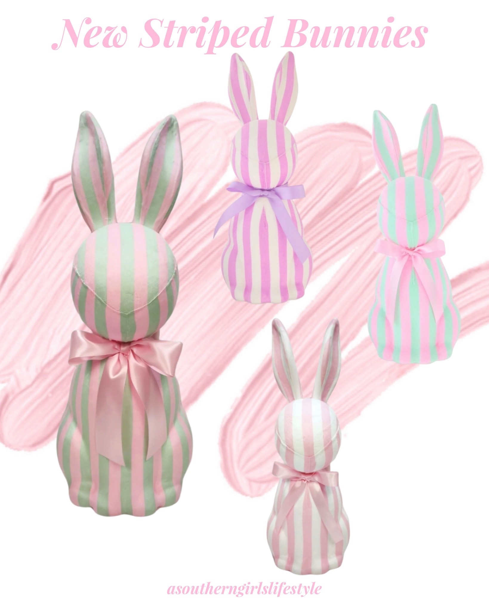 Super Cute New Striped Bunnies 16in & 27in. Love the Bright Pastels! 

Mint Green/Pink, Purple/White, Pink/White & Mint Green/Pink

Spring Decor. Spring Home Decor. Easter Decor 

#LTKHome #LTKSeasonal