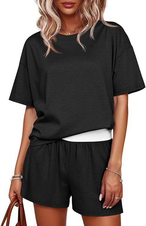 Tankaneo Womens Short Sets 2 Piece Summer Vacation Outfits Short Sleeve T-shirts Elastic Waist Sh... | Amazon (US)