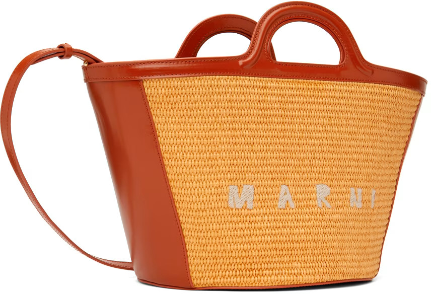Orange Tropicalia Small Leather Raffia-Effect Tote | SSENSE