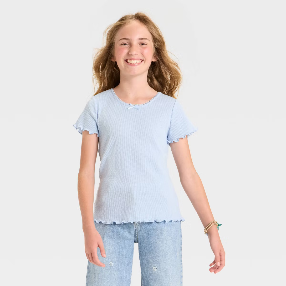 Girls' Short Sleeve Fitted Pointelle T-Shirt - Cat & Jack™ Light Blue S | Target