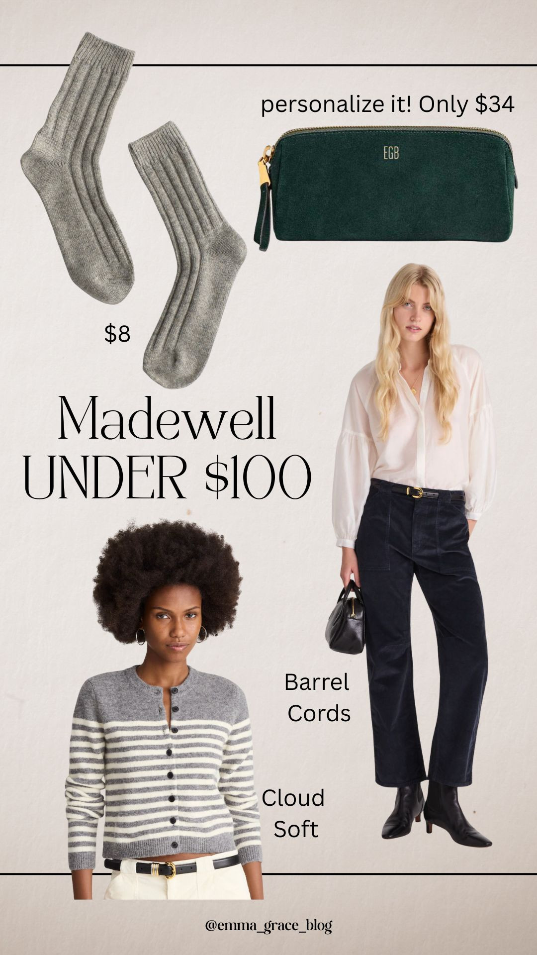 Some goodies under $100 that will take you through the next few seasons! I bought the socks and the makeup bag for myself and had the bag personalized with EGB! Would make a great gift for an upcoming birthday! 

 #LTKGiftGuide #LTKSaleAlert #LTKFindsUnder100
