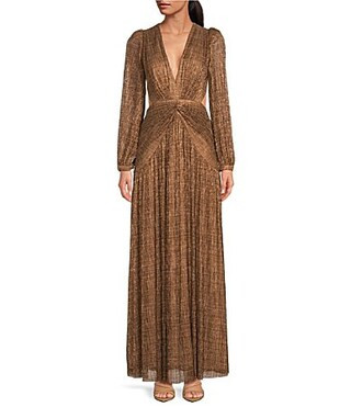 Gianni Bini Hazel Metallic Chiffon V-Neck Long Sleeve Cut Out Dress - 8 | Dillard's
