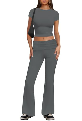 MEROKEETY Women's 2 Piece Outfits Lounge Set Short Sleeve Crop Top Fold Over Flare Pants Y2K Casu... | Amazon (US)