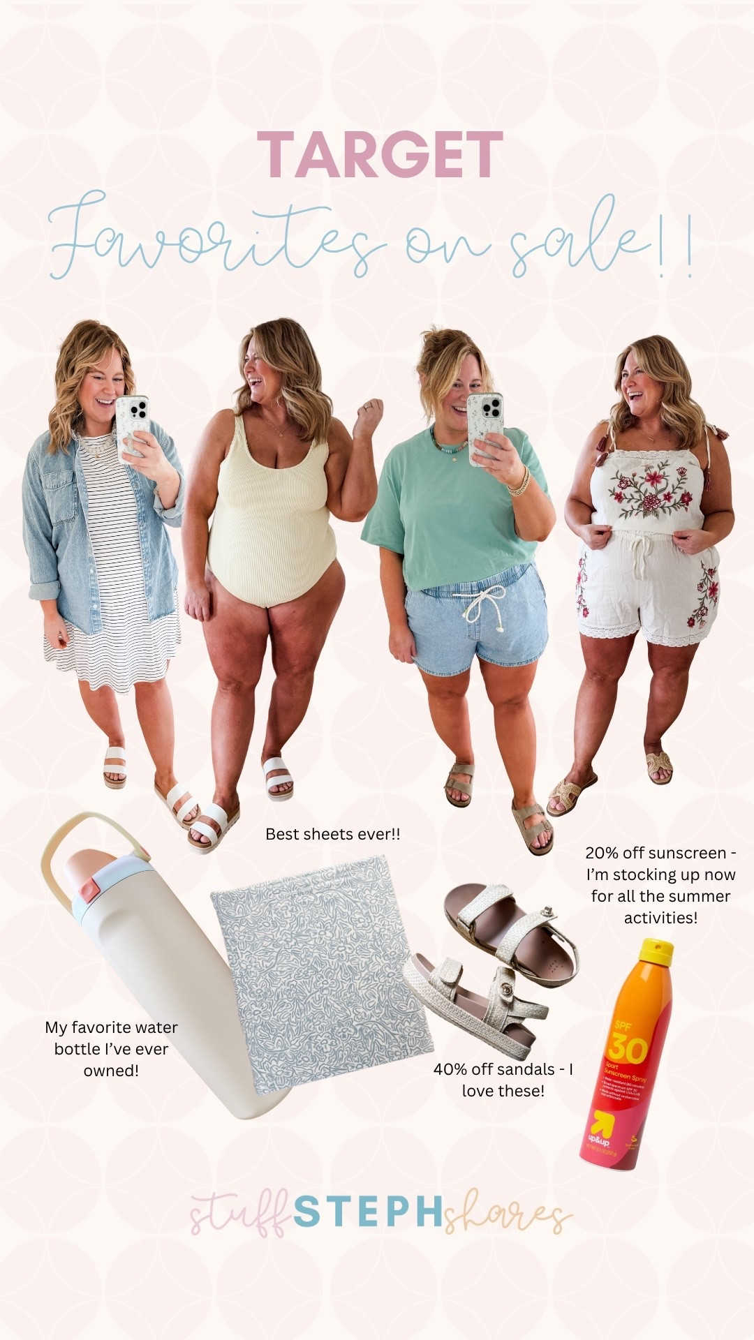 Target has so many of my favorites on sale now! The cutest outfit options for Summer plus all the staples that make summer comfy and fun - like sunscreen ☀️

Denim shirt - XL
Swim - XL
Pull on denim shorts - XXL
Embroidered set - XXL
Owala water bottle - the best!!! Doesn’t spill, has a straw & handle, fits in cupholders 
Sheets are 100% cotton, soft, stay on the bed
One of my most worn sandals so far this spring!!

#LTKSaleAlert #LTKBump #LTKMidsize