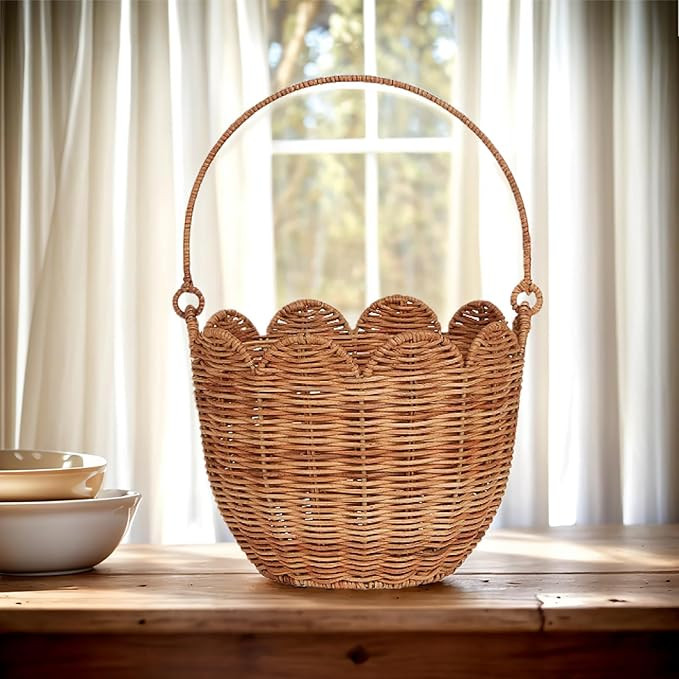 Scalloped Basket - Handwoven Rattan & Wicker Storage Organizer with Handle, Round Edge Design for... | Amazon (US)