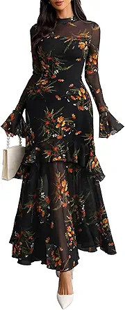 GothDark Womens Floral Maxi Dress Sheer Mesh Bell Sleeve Tiered Ruffle Gothic Romantic Casual Lon... | Amazon (US)