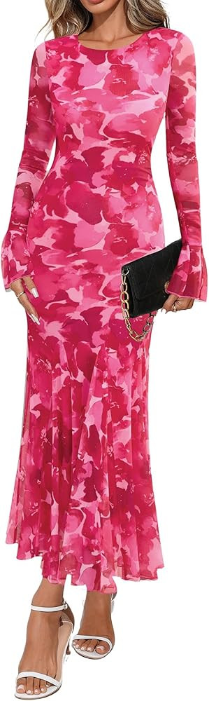 Lazysmile Women's Long Sleeve Floral Maxi Dresses Fall Formal Crewneck Bodycon Mesh Ruffle Weddin... | Amazon (US)