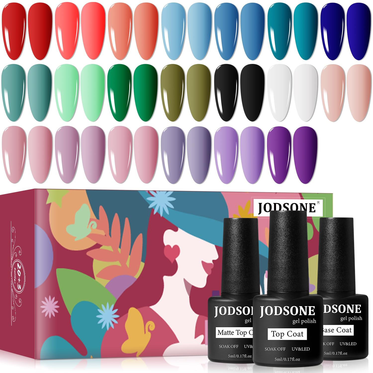 JODSONE 23 PCS Gel Nail Polish Set with Base Glossy and Matte Top Coat Multicolored Gel Nail Long... | Amazon (US)