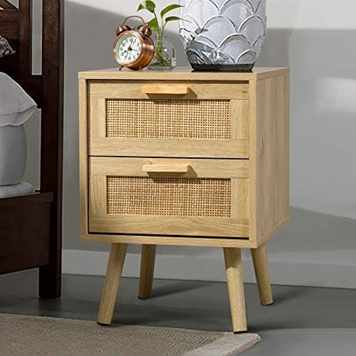 Finnhomy Nightstand, End Table, Side Table with 2 Hand Made Rattan Decorated Drawers, Wood Accent Ta | Amazon (US)