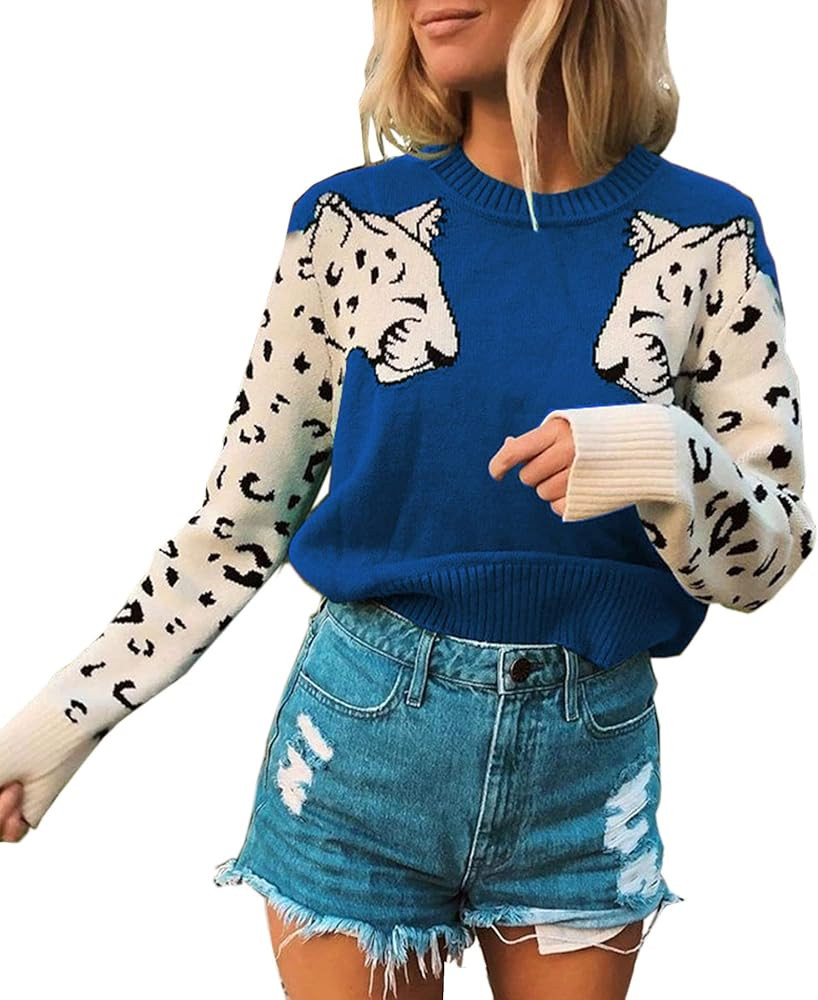 Angashion Women's Sweaters Casual Leopard Printed Patchwork Long Sleeves Knitted Pullover Cropped Sw | Amazon (US)