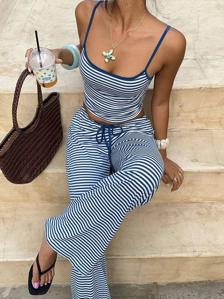 Aloruh Women's Casual Striped Camisole And Pants Loungewear Set,Vacation Outfits Women,Summer Outfits For Women | SHEIN