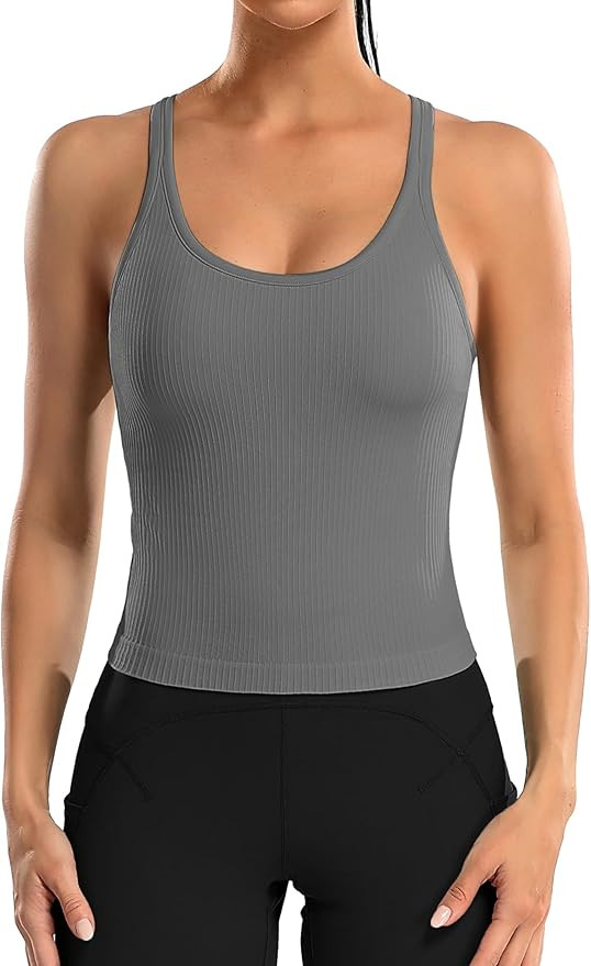 ATTRACO Women Ribbed Workout Crop Tops with Built in Bra Yoga Racerback Tank Top Tight Fit | Amazon (US)