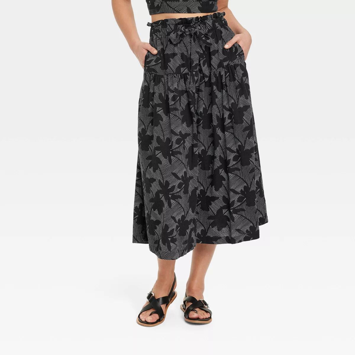 Women's Tie Waist Button-Front Midi Skirt - Universal Thread™ Black Floral XS | Target