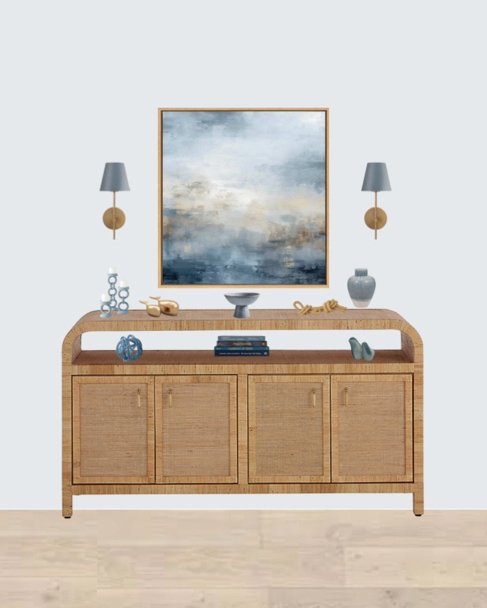 Coastal sideboard styling featuring gold accents and warm woods with earthy textures, and blue decorative pieces    Entryway.  

#LTKHome