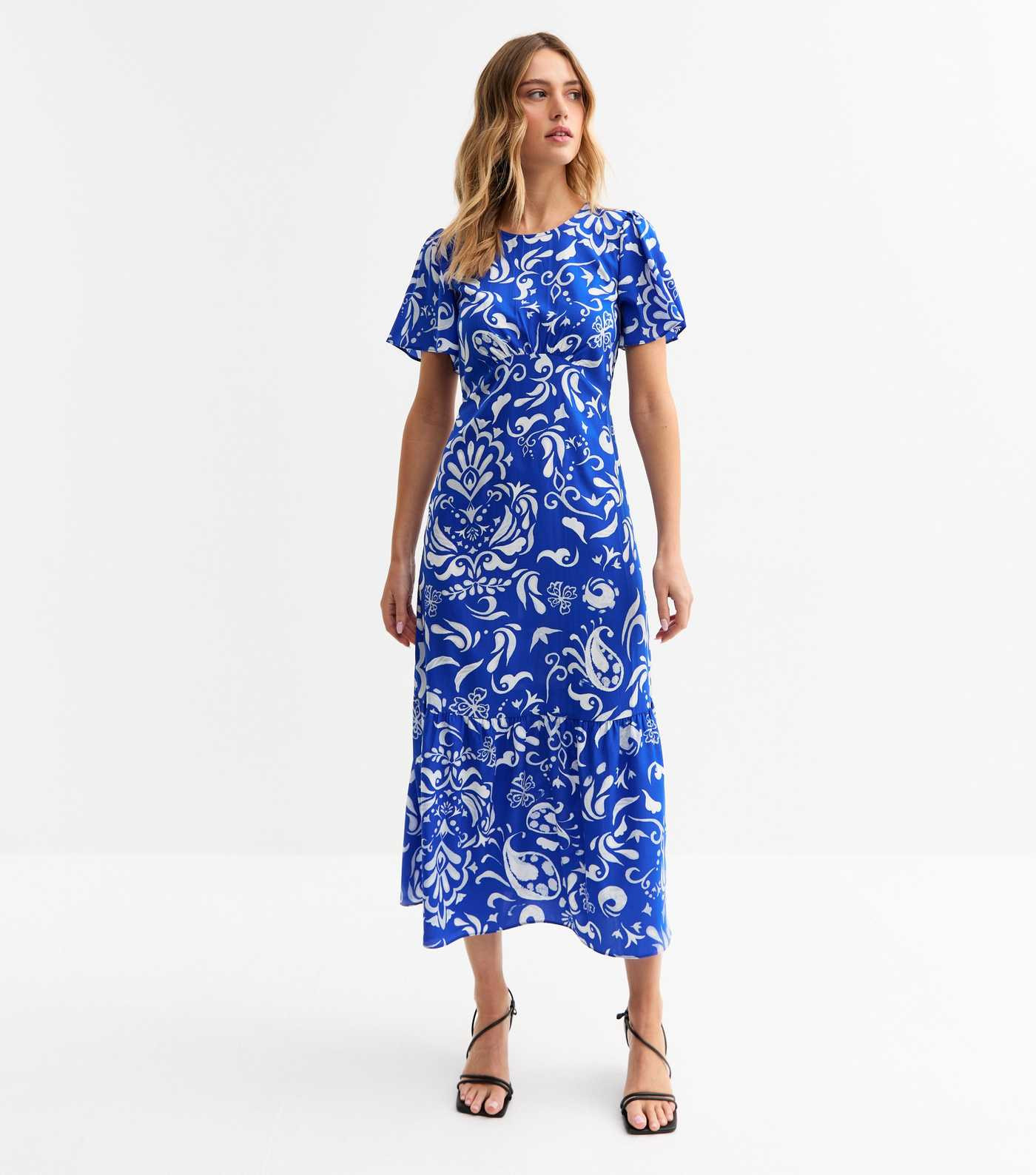 Blue Pattern Print Tiered Hem Midi Dress | New Look | New Look (UK)