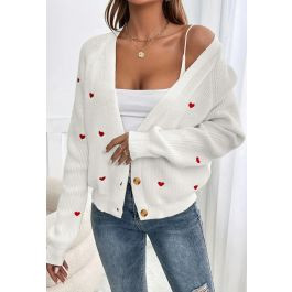 Heart Embroidery Button-Front Ribbed Knit Cardigan in White | Chicwish