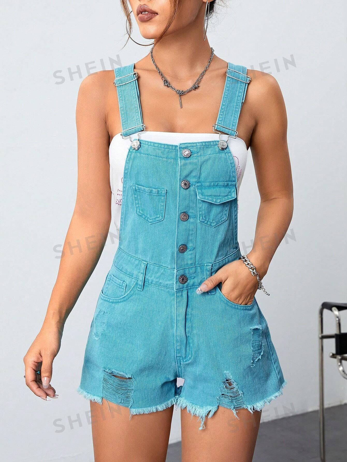 Ripped Raw Hem Denim Overall Romper Without Tube Top | SHEIN