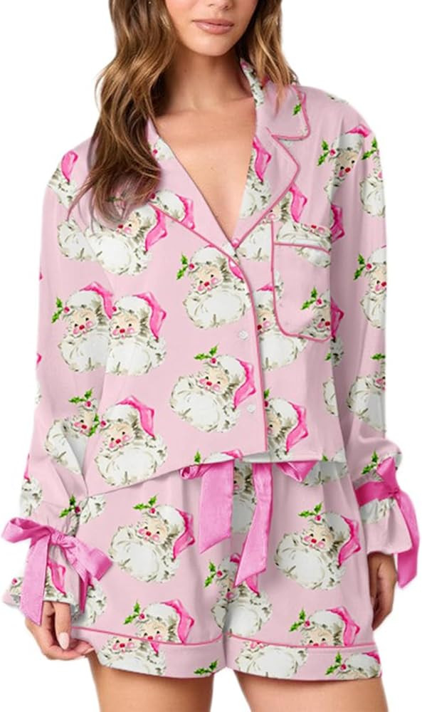 Muineobuka Women Christmas Satin Silk Pajamas Set Buttond Down Long Sleeve Shirts and Shorts Pjs ... | Amazon (US)