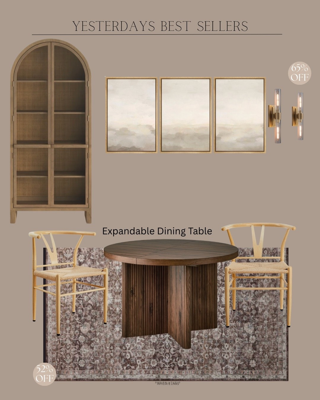 Yesterdays  Best Sellers
Display cabinet / wall art / wall sconce / expandable dining table / dining chair / area rug 

#LTKHome #LTKFindsUnder100 #LTKSaleAlert