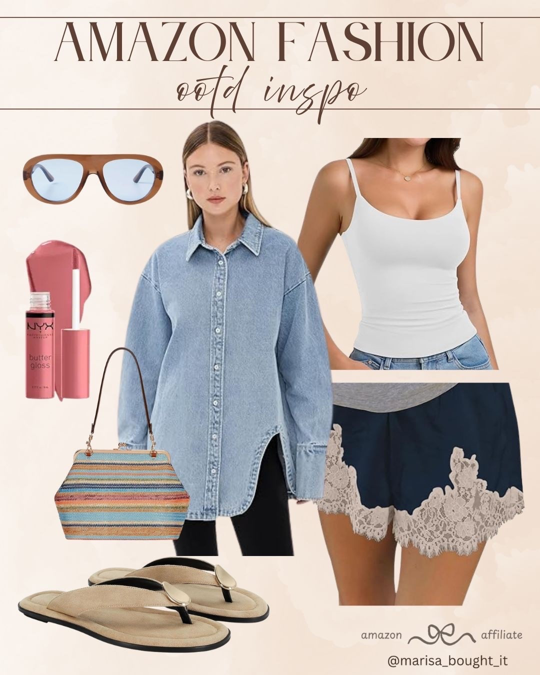 Putting together the ultimate casual-cool vibe with these affordable finds. I love pairing an oversized light-wash denim shirt with a classic white cami and these gorgeous lace-hem shorts for a touch of texture. 👖

Completed the look with comfy neutral sandals, a colorful striped tote, and a glossy lip.

#AmazonFashion #CasualOOTD #DenimStyle #SummerVibes #AmazonFinds

#LTKootd