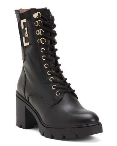 Leather Block Heel Combat Boots For Women, Leather/Gold | TJ Maxx