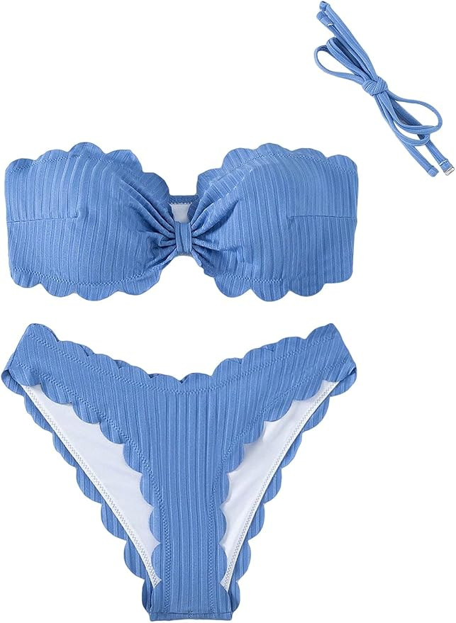 SweatyRocks Women's 2 Piece Bathing Suit Cute Strapless Scallop Trim Bikini Set High Cut Bandeau ... | Amazon (US)