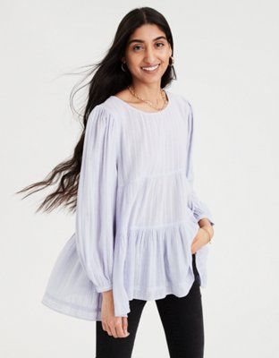 AE Long Sleeve Tiered Babydoll Top | American Eagle Outfitters (US & CA)