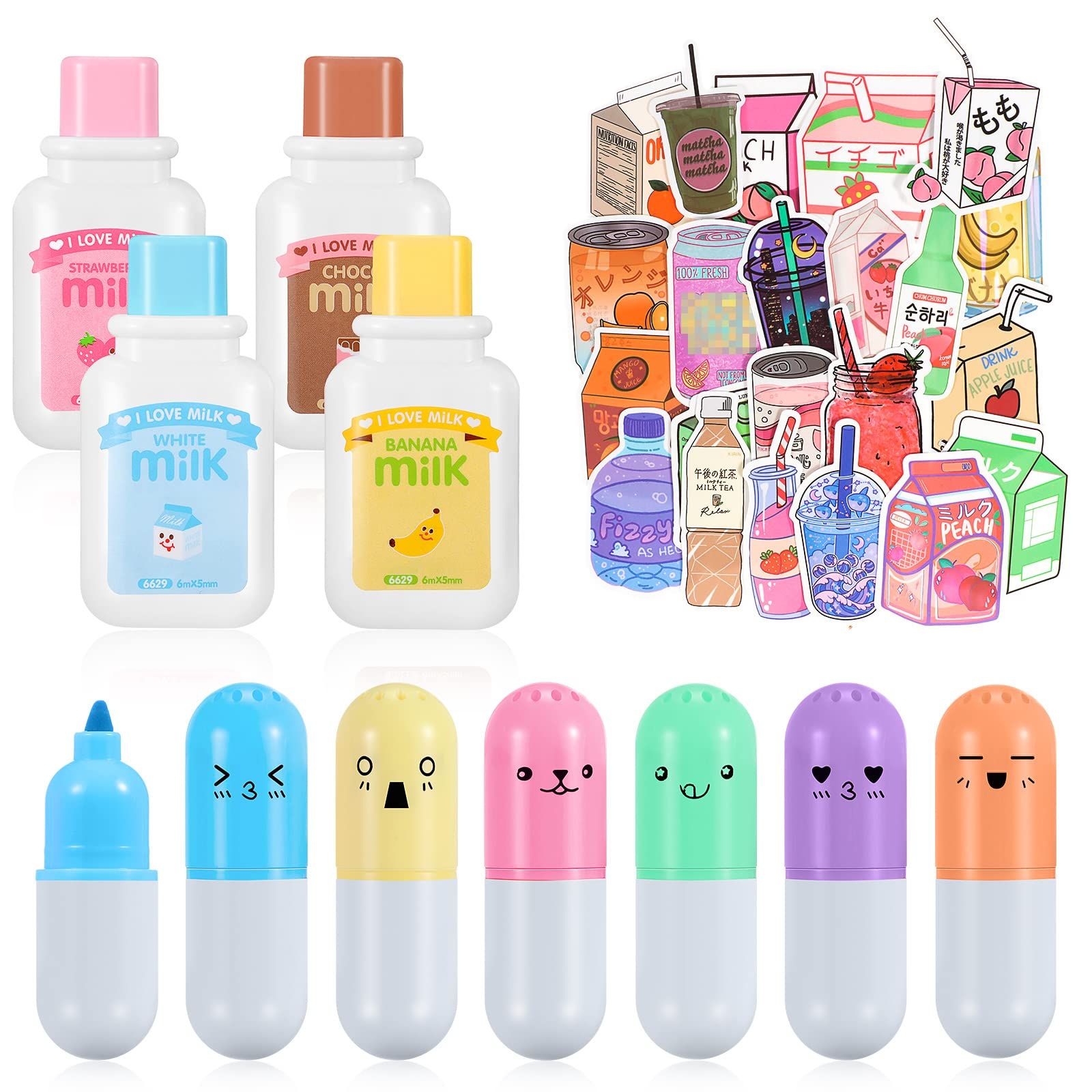 60 Pieces Cute Stationary Set Milk Bottle Correction Tape Aesthetic Pill Shaped Highlighter Pens Kaw | Amazon (US)