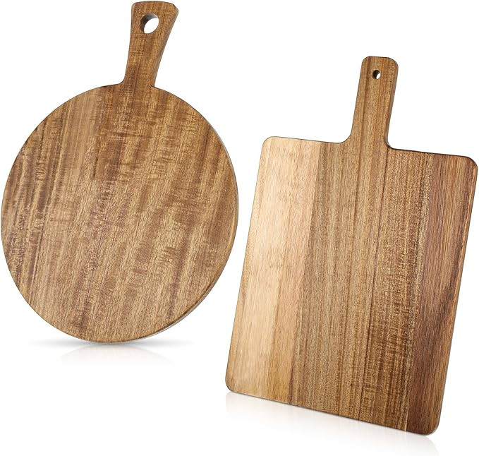 2 Pcs Acacia Wood Cutting Board with Handle, 15.7‘’ L Round Rectangular Decorative Wooden Cut... | Amazon (US)