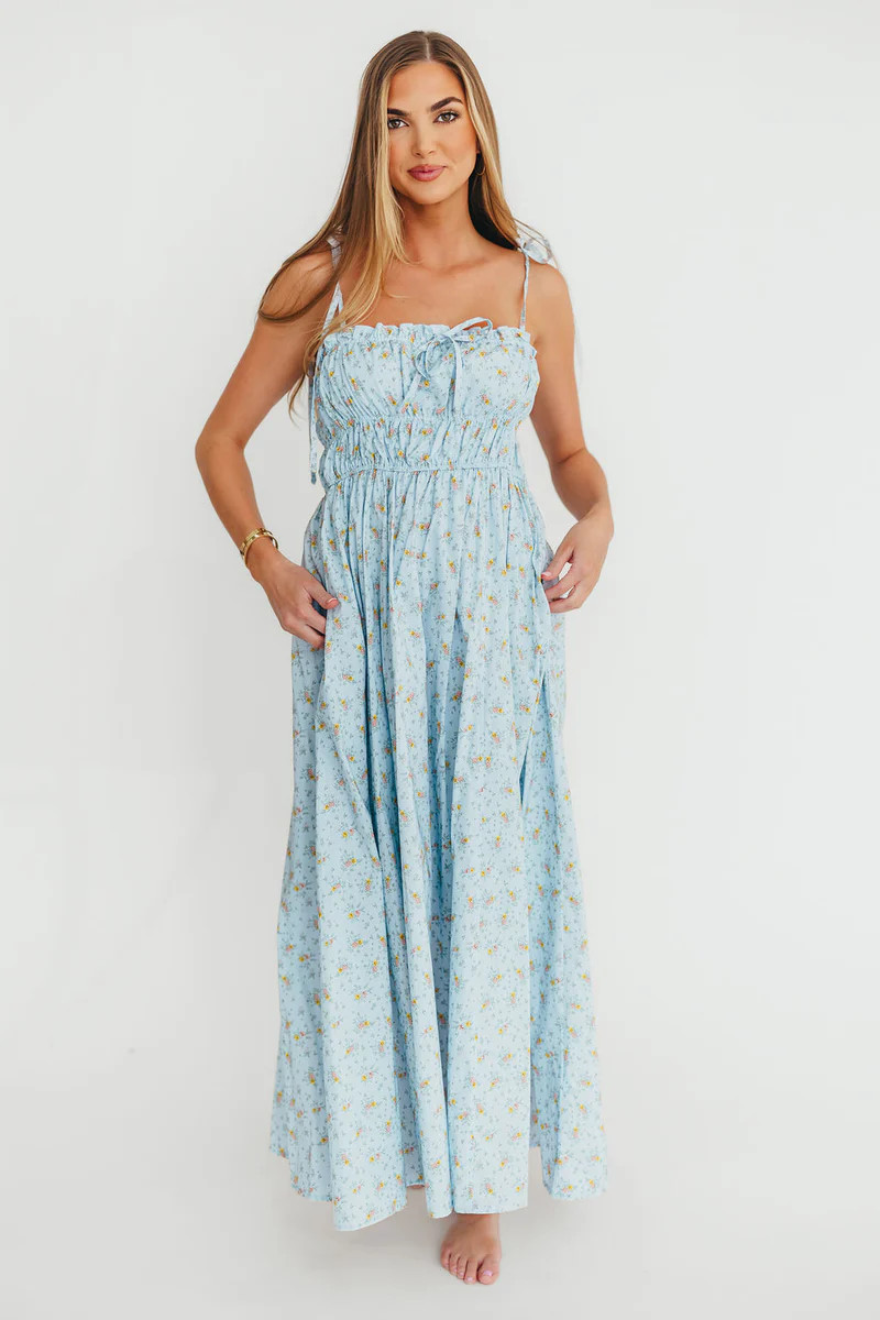 Lila Ruched Floral Maxi Dress in Powder Blue | Worth Collective