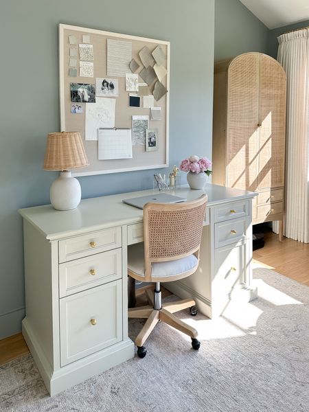 Paint collar, Benjamin Moore Boothbay gray. Off-white executive desk with file storage, Keane, office chair, neutral rug from Amazon, Keane arched cabinet, linen, pin board, neutral, office, design, office organization.

#LTKHome #LTKStyleTip #LTKSaleAlert