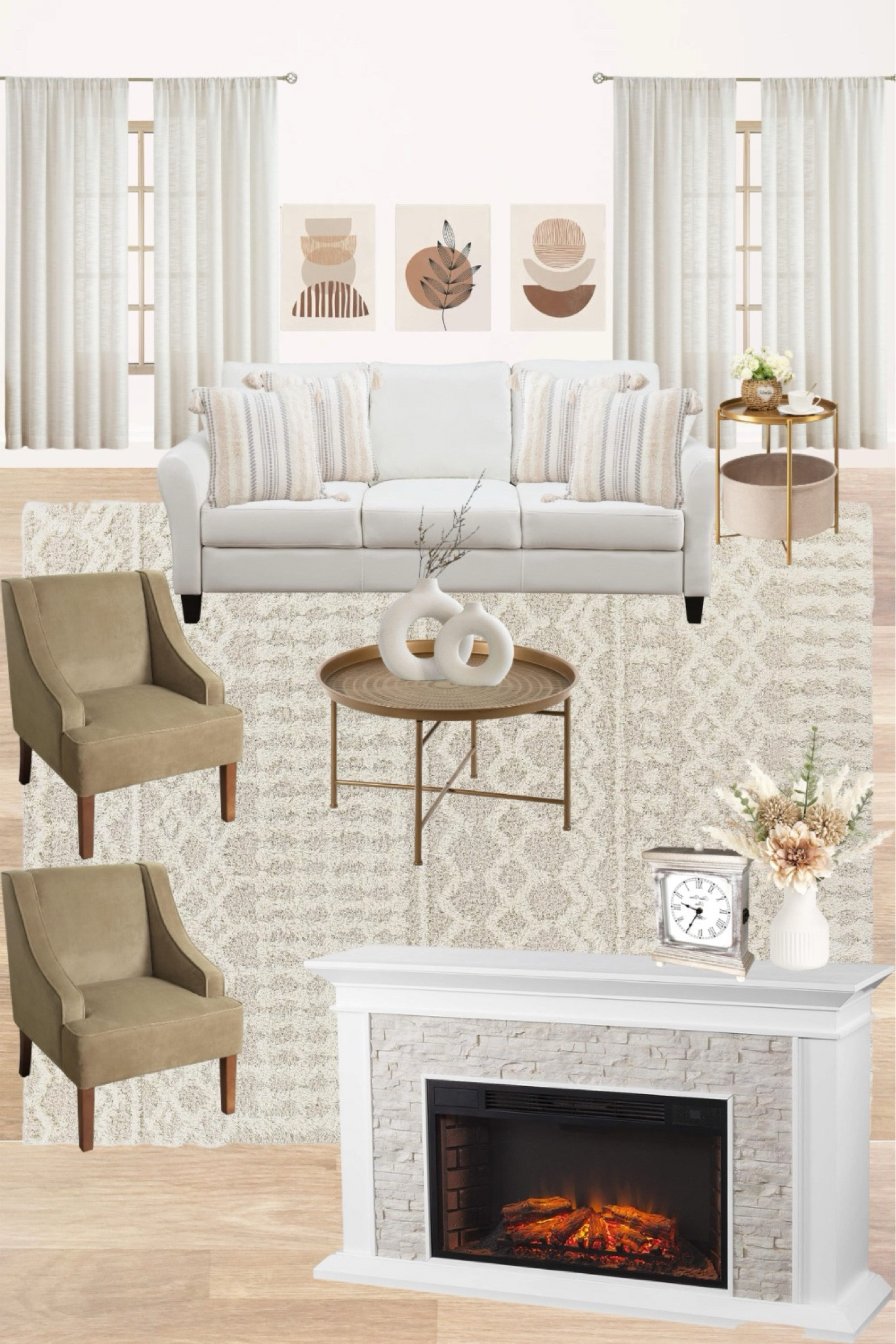Cozy neutral living room design idea with a cream couch and tan armchairs, plus a stunning electric fireplace!

#LTKHome