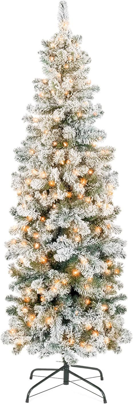 Best Choice Products Pencil Christmas Tree 6Ft Pre-Lit Artificial Snow Flocked Slim Skinny Christ... | Amazon (US)