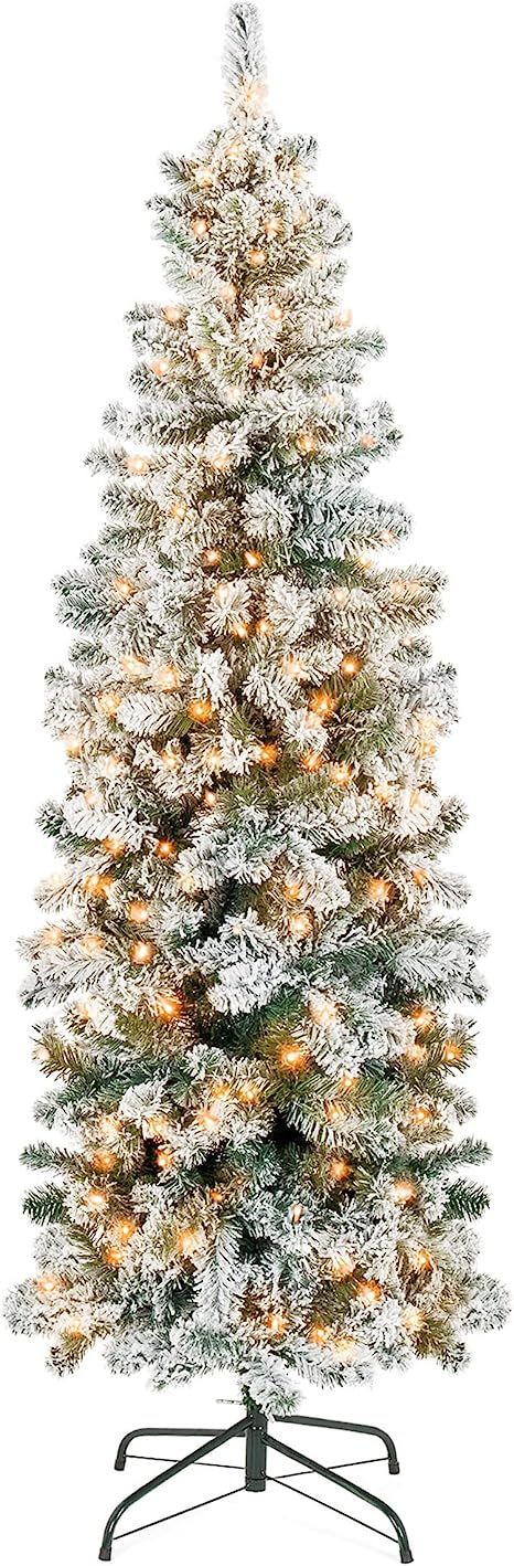 Amazon.com: Best Choice Products Pencil Christmas Tree 6Ft Pre-Lit Artificial Snow Flocked Slim S... | Amazon (US)