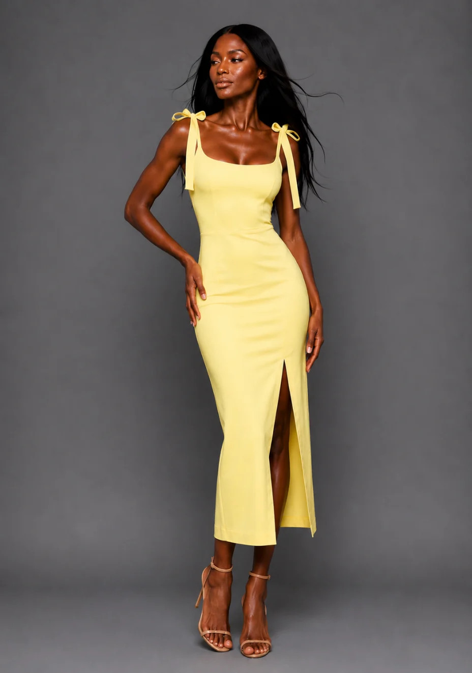 Onyx | Square Neck Bow Lemon Midaxi Dress | VSPR UK