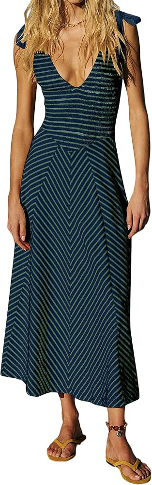 MISSACTIVER Striped Smocked Flowy Midi Dress for Women Summer Sleeveless V Neck Tie Straps Backle... | Amazon (US)