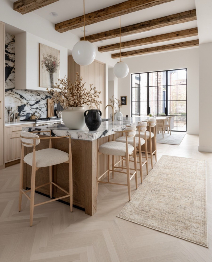 A kitchen that redefines timeless elegance.
This space blends modern organic textures with classic European inspired details, creating a look that feels both elevated and effortless. The Calacatta marble waterfall island steals the show, paired with warm oak cabinetry, bouclé counter stools, and brass accents that add a subtle touch of luxury.

Overhead, exposed wood ceiling beams bring warmth and rustic balance, while the vintage style rug grounds the palette in cozy neutrals. Every detail from the black-framed windows to the oversized globe pendants, strikes the perfect harmony between natural beauty and refined design.

 Shop the look:
• Calacatta marble island & backsplash
• Bouclé upholstered counter stools
• Oak cabinetry with brass hardware
• Vintage beige runner rug
• Oversized globe pendant lights
• Black decorative vases & ceramic accents
• Exposed wood ceiling beams 




#LTKSaleAlert #LTKHome #LTKFindsUnder100