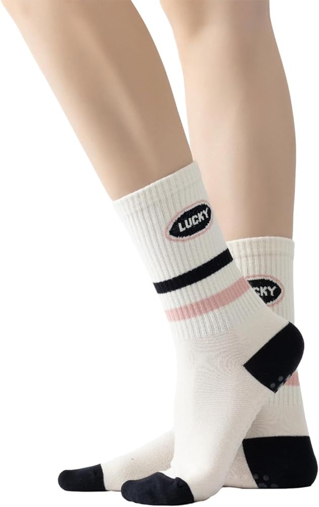 Yoga Pilates Socks with Grips for Women Non Slip Striped Cushioned Crew Socks for Barre Ballet Da... | Amazon (US)