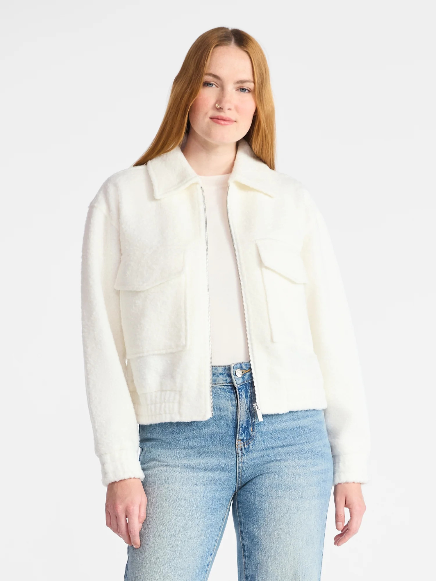 Time and Tru Women's Boucle Zip Bomber Jacket, Midweight, Sizes XS-XXXL | Walmart (US)