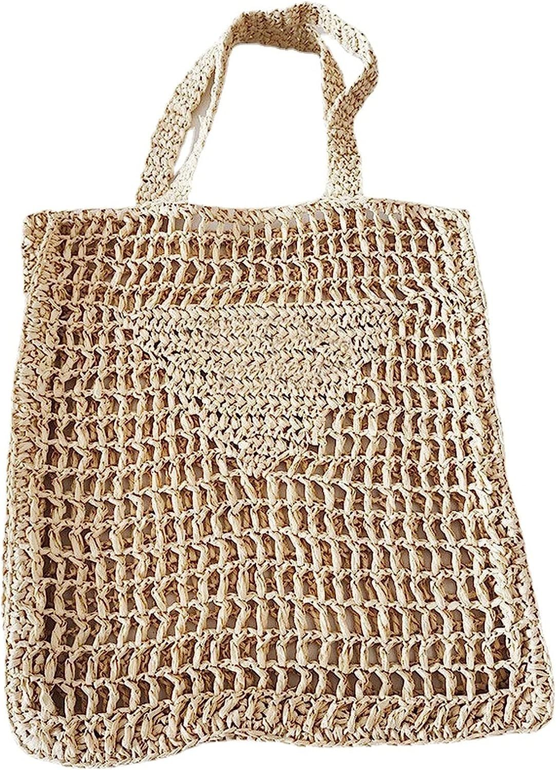 Womens Handmade Straw Bag,Travel Beach Tote Fishing mesh Bag,Straw Woven Bag | Amazon (US)