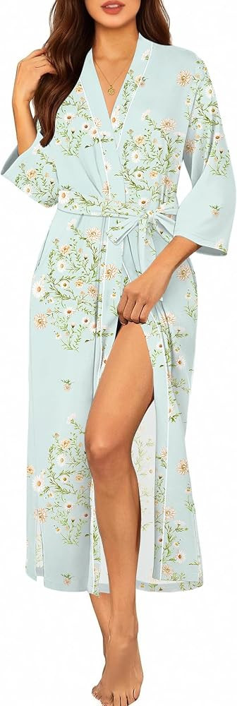 Ekouaer Robes for Women Long Knit Bathrobe Lightweight 3/4 Sleeves Kimono Robe Soft Sleepwear wit... | Amazon (US)