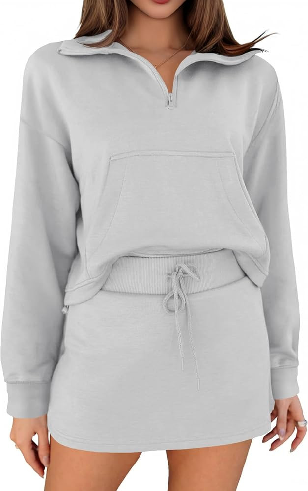 Fisoew Womens Sweatsuits 2 Piece Outfits Quarter Zip Cropped Sweatshirts Casual Mini Skorts Loung... | Amazon (US)