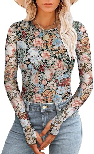 Prinbara Womens Mesh Long Sleeve Going Out Tops with Thumb Holes 2026 Spring Trendy Double Lined ... | Amazon (US)