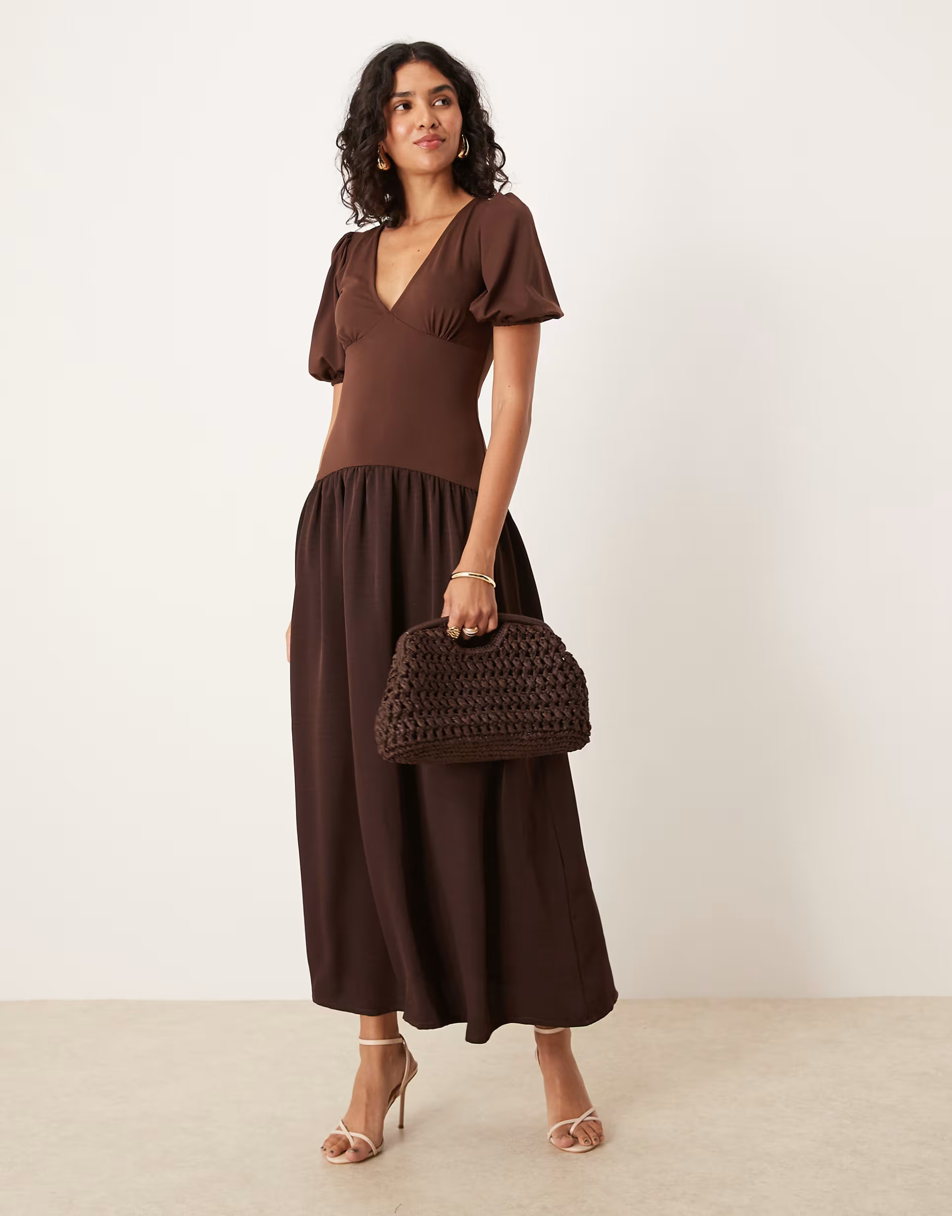 ASOS DESIGN hybrid puff sleeve midi day dress in brown | ASOS | ASOS (Global)