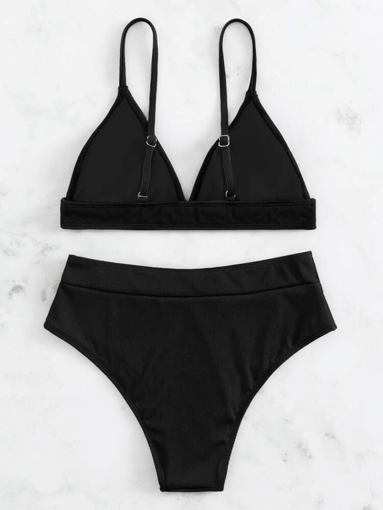 Rib Triangle High Waisted Bikini Swimsuit | SHEIN