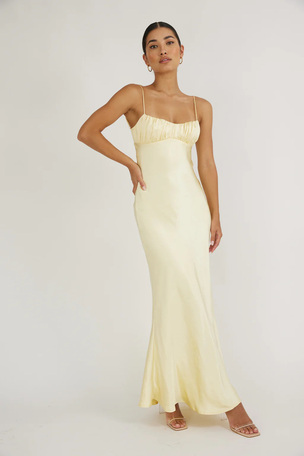Paula Maxi Dress - Lemon Yellow Satin Slip Dress | Lady Black Tie