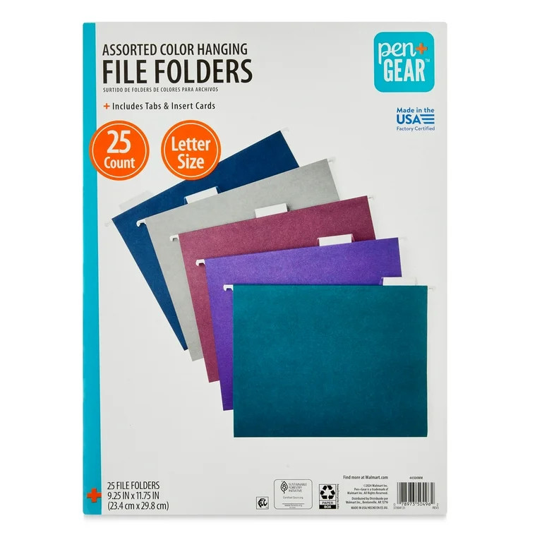 Pen+Gear Hanging File Folders, Letter Size, 1/5 Cut Tabs and Inserts, 25 Count, Assorted Jewel To... | Walmart (US)