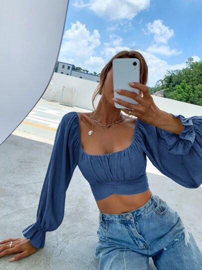 Square Neck Flounce Sleeve Tie Back Crop Milkmaid Blouse | SHEIN